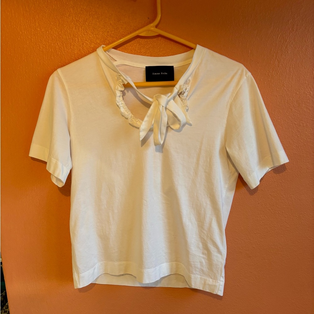 Simone Rocha White Short Sleeve Tie-Neck Tee